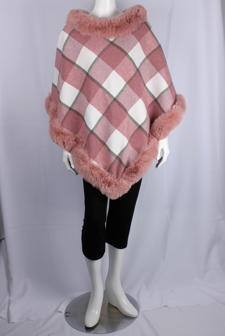 ALICE & LILY plaid poncho with faux fur trim pink SC/5075 image 0